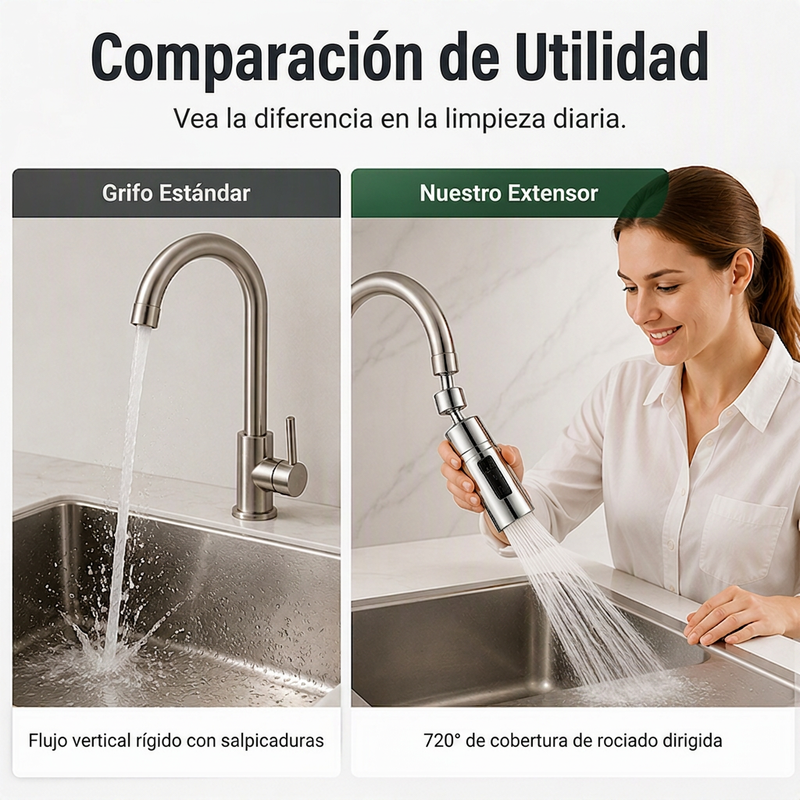🚰 50% dto. Boquilla giratoria universal para grifo – rota 360°, fácil instalación, sin salpicaduras. Ideal para lavar frutas y platos! 💧✨